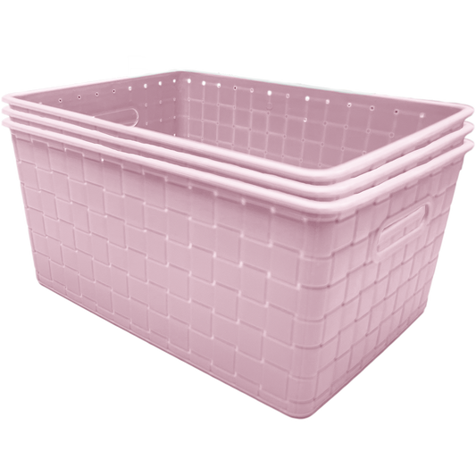 3 Pack Woven Plastic Storage Basket - Pink Checkered
