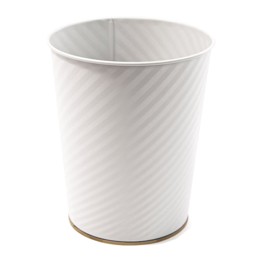 Metal Open Trash Bin - Matte White, Stripe Textured, Bamboo Bottom